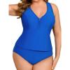 imageCUPSHE Womens Plus Size Tankini Sets V Neck Front Zipper Racerback Two Piece Swimsuits Mid RiseRoyal Blue