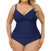 imageCUPSHE Womens Plus Size Tankini Sets V Neck Ruched Two Piece Swimsuits Adjustable Straps Mid RiseNavy Blue