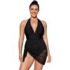 imageCUPSHE Womenss Plus Size One Piece Swim Dress Tummy Control Swimsuit V Neck Bathing Suit Halter Mesh Skirt TieBlack