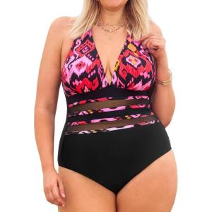 imageCUPSHE Plus Size Womens One Piece Swimsuit Plunging V Neck Mesh Swimwear Adjustable Self Tie Bathing SuitBlackAbstract