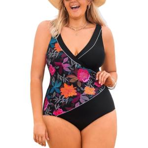 imageCUPSHE Plus Size Womens One Piece Swimsuit Surplice V Neck Swimwear Adjustable Straps Bathing SuitBlackFloral