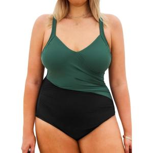 imageCUPSHE Plus Size Womens One Piece Swimsuit Surplice V Neck Swimwear Wrapped Adjustable Self Tie Bathing SuitBlackDark Green