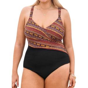 imageCUPSHE Plus Size Womens One Piece Swimsuit Surplice V Neck Swimwear Wrapped Adjustable Self Tie Bathing SuitBlackTribal