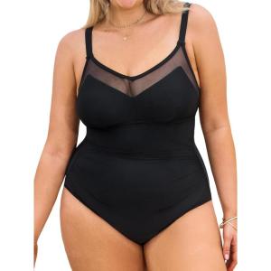 imageCUPSHE Plus Size Womens One Piece Swimsuit V Neck Mesh Swimwear Adjustable Straps Back Hook Bathing SuitBlack
