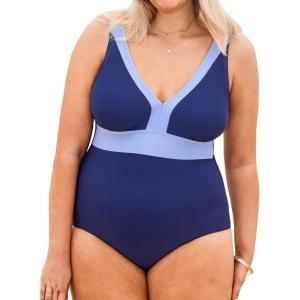 imageCUPSHE Plus Size Womens One Piece Swimsuit V Neck Swimwear Adjustable Straps Color Block Bathing SuitNavy BlueLight Blue