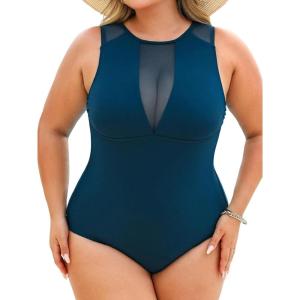 imageCUPSHE Womens One Piece Swimsuit Plus Size Bathing Suit Mesh Crew Neck Swimwear Back TieNavy Blue