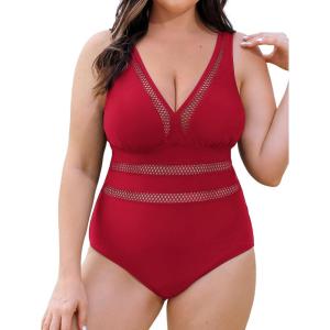 imageCUPSHE Womens One Piece Swimsuit Plus Size Bathing Suit V Neck Hollow Out Mesh SwimwearRed