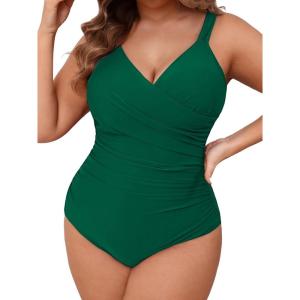 imageCUPSHE Womens One Piece Swimsuit Plus Size Tummy Control V Neck Bathing Suit Curvy Cutout SlimmingForest Green