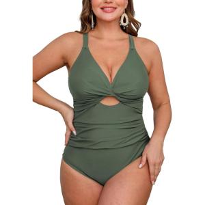 imageCUPSHE Womens One Piece Swimsuit Plus Size V Neck Bathing Suit Front Wrap Crisscross Back Tie Ruched Cutout SwimwearEucalyptus Green