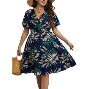 imageCUPSHE Womens Plus Size Dress 2024 Summer Midi Dresses Short Sleeve Elastic Waist Bohemian SundressNavy Tropical