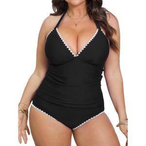 imageCUPSHE Womens Plus Size Tankini Sets Halter Strappy Deep V Neck Two Piece Swimsuits Shell Stitched RuchingBlack