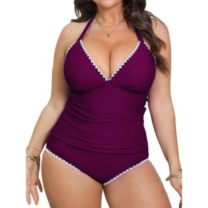 imageCUPSHE Womens Plus Size Tankini Sets Halter Strappy Deep V Neck Two Piece Swimsuits Shell Stitched RuchingBurgundy