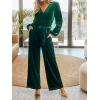 imageCUPSHE Womens Long Jumpsuits V Neck Long Sleeve Belted Overall Casual Velvet Wide Leg Pockets Maxi RompersGreen