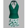 imageCUPSHE Womens Tankini Sets Two Piece Swimsuit High Waisted Halter V Neck Bathing Suit Adjustable Straps ShortsGreenWhite Floral