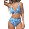 imageCUPSHE Womens Bikini Sets High Waisted Swimsuit Deep V Neck Crisscross Back Tie Stitching Ruched Full CoverageWhiteBlue Floral