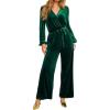 imageCUPSHE Womens Long Jumpsuits V Neck Long Sleeve Belted Overall Casual Velvet Wide Leg Pockets Maxi RompersGreen