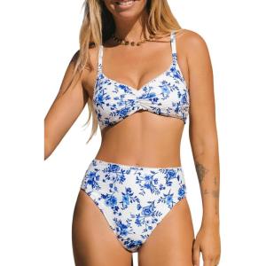 imageCUPSHE Womens Bikini Set High Waisted Two Piece Swimsuit V Neck Sweet Bathing Suit Full Coverage Adjustable StrapsWhiteBlue Floral