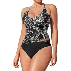imageCUPSHE Womens Tankini Sets Large Bust Two Piece Swimsuit Surplice V Neck Adjustable Straps Swimwear Back StrappyBlackTropical