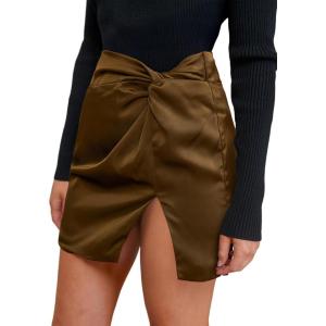 imageCUPSHE Mini Skirts Twist Notched Hem Aline Satin Waist Party Vacation Dressy Going Out DateBrown