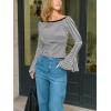 imageCUPSHE Womens Bell Long Sleeve Shirts Striped Casual Going Out Tops Boat Neck Fitted Y2K ClothesBlack White