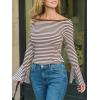 imageCUPSHE Womens Bell Long Sleeve Shirts Striped Casual Going Out Tops Boat Neck Fitted Y2K ClothesBrown White