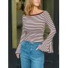 imageCUPSHE Womens Bell Long Sleeve Shirts Striped Casual Going Out Tops Boat Neck Fitted Y2K ClothesBrown White