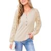 imageCUPSHE Women Long Sleeve Shirts Solid Button V Neck Lace Sleeves Slim Fit Casual Fall Shirts 2025Khaki