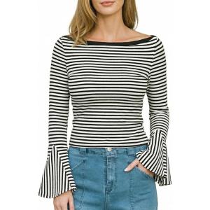 imageCUPSHE Womens Bell Long Sleeve Shirts Striped Casual Going Out Tops Boat Neck Fitted Y2K ClothesBlack White