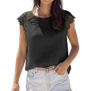 imageCUPSHE Womens Lace Short Sleeve Tops Cap Sleeve T Shirts 2025 Cute Basic Trendy Fashion Casual Dressy OutfitsBlack