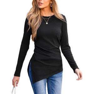 imageCUPSHE Womens Ribbed Long Sleeve Shirts Asymmetrical Trendy Blouse Tops Fall Fashion OutfitsBlack