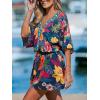 imageCUPSHE Womens Mini Dress V Neck Floral Half Dolman Sleeve Belted Loose Fit Short Summer Beach DressBlack Floral