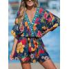 imageCUPSHE Womens Mini Dress V Neck Floral Half Dolman Sleeve Belted Loose Fit Short Summer Beach DressBlack Floral
