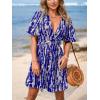 imageCUPSHE Womens Summer Dresses Abstract Plunging V Neck Short Sleeve Elastic Waist Mini DressBlue
