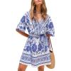 imageCUPSHE Womens Mini Dress V Neck Floral Half Dolman Sleeve Belted Loose Fit Short Summer Beach DressBlue Floral