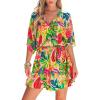 imageCUPSHE Womens Mini Dress V Neck Floral Half Dolman Sleeve Belted Loose Fit Short Summer Beach DressGreen Tropical