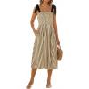 imageCUPSHE Womens Summer Smocked Midi Dress Striped Sleeveless Tie Shoulder Cami Dress Beach Flowy Long SundressBeige Brown