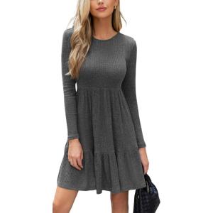 imageCUPSHE Fall Dress for Women 2025 Casual Round Neck Long Sleeve Knit Ruffled Fitted A Line Mini Spring Sweater DressDark Grey