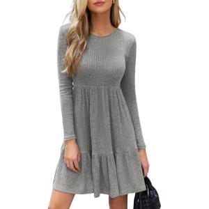 imageCUPSHE Fall Dress for Women 2025 Casual Round Neck Long Sleeve Knit Ruffled Fitted A Line Mini Spring Sweater DressGrey