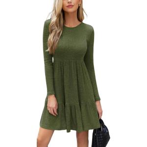 imageCUPSHE Fall Dress for Women 2025 Casual Round Neck Long Sleeve Knit Ruffled Fitted A Line Mini Spring Sweater DressOlive Green