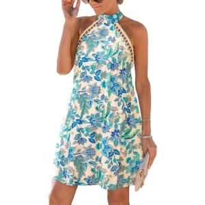 imageCUPSHE Women Lace Trim Summer Dress Halter High Neck with Tie Backless A Line Lining Casual Sundress Holiday Mini DressTeal