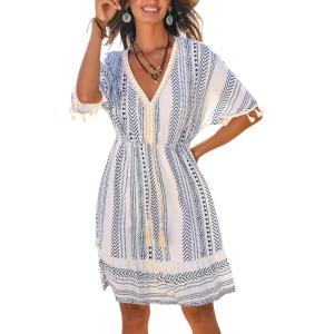 imageCUPSHE Women Tassel Trim Summer Dress V Neck Lace Short Sleeve Paisley Boho Casual Sundress Holiday Beach Mini DressBlue Geometric