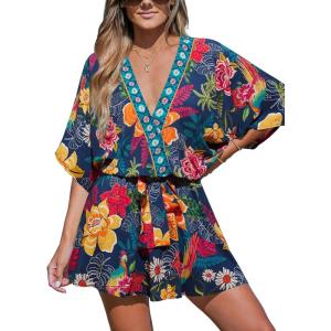 imageCUPSHE Womens Mini Dress V Neck Floral Half Dolman Sleeve Belted Loose Fit Short Summer Beach DressBlack Floral