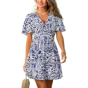 imageCUPSHE Womens Summer Dresses Abstract Plunging V Neck Short Sleeve Elastic Waist Mini DressSky Blue