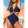 imageCUPSHE Womens One Piece Swimsuit Plunging Neck Halter Strappy Bathing Suit Cutouts Swimwear ShiningNavy Blue