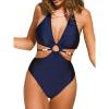 imageCUPSHE Womens One Piece Swimsuit Plunging Neck Halter Strappy Bathing Suit Cutouts Swimwear ShiningNavy Blue