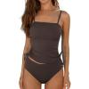 imageCUPSHE Womens Tankini Set Two Piece Swimsuit Ruched Drawstring Bathing Suits with High Waisted Bottom RibChocolate Brown