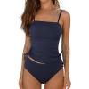 imageCUPSHE Womens Tankini Set Two Piece Swimsuit Ruched Drawstring Bathing Suits with High Waisted Bottom RibDark Navy Blue