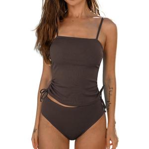 imageCUPSHE Womens Tankini Set Two Piece Swimsuit Ruched Drawstring Bathing Suits with High Waisted Bottom RibChocolate Brown