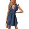 imageCUPSHE Womens Denim Summer Dresses Cotton Plunging V Neck Casual Sundress Ruffle Sleeves Mini DressDenim Blue