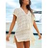 imageCUPSHE Women Crochet Beach Cover Ups Summer V Neck Casual Mini Coverup Dress Short Sleeve Split Hem Bathing Suit Cover UpOffwhite